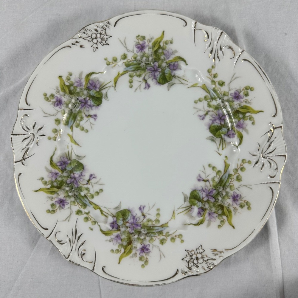 ANTQ Carl Tielsch CT Altwasser Germany Porcelain Plates Purple Violets 4 set 8" - Picture 11 of 16